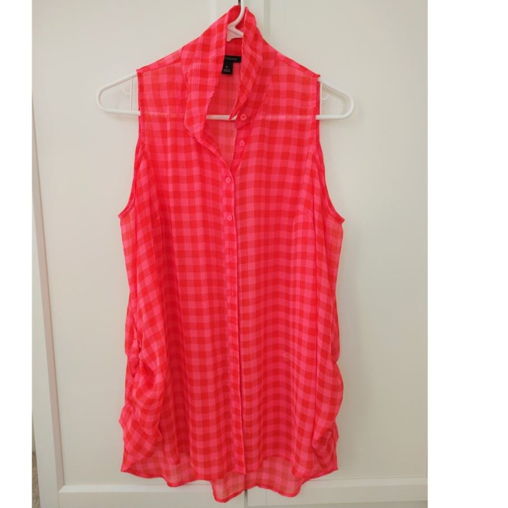 I Heart Ronson Neon Pink Plaid Sheer Cold Shoulder Blouse - Medium - Picture 3 of 3